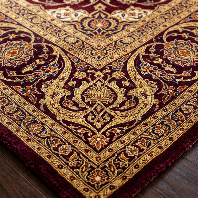 سجادة فارسية يدوية الصنع بنقوش ذهبية وزخارف كلاسيكية
